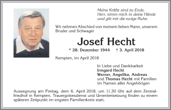 Traueranzeige von Josef Hecht von Allgäuer Zeitung,Kempten
