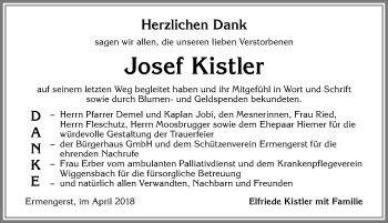 Traueranzeige von Josef Kistler von Allgäuer Zeitung,Kempten