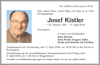 Traueranzeige von Josef Kistler von Allgäuer Zeitung,Kempten