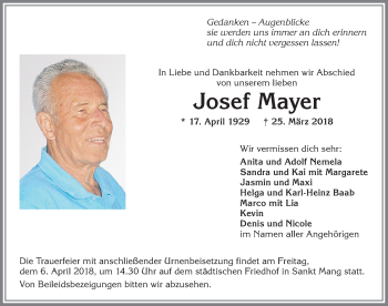 Traueranzeige von Josef Mayer von Allgäuer Zeitung,Kempten