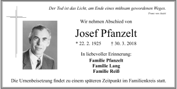 Traueranzeige von Josef Pfanzelt von Allgäuer Zeitung, Füssen