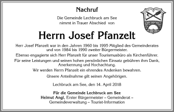 Traueranzeige von Josef Pfanzelt von Allgäuer Zeitung, Füssen