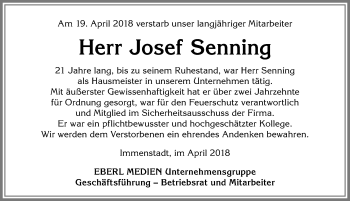 Traueranzeige von Josef Senning von Allgäuer Anzeigeblatt