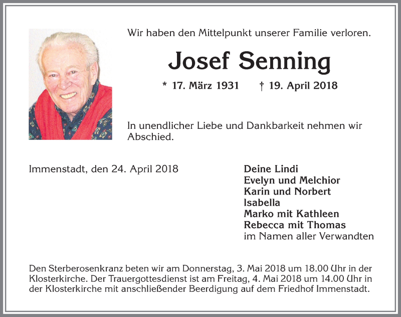  Traueranzeige für Josef Senning vom 24.04.2018 aus Allgäuer Anzeigeblatt