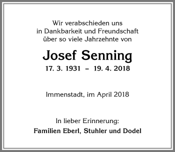 Traueranzeige von Josef Senning von Allgäuer Anzeigeblatt