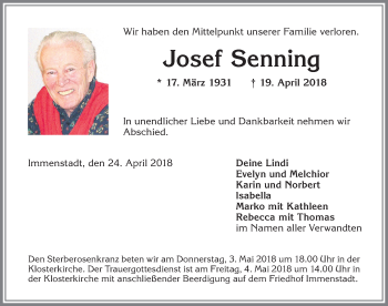 Traueranzeige von Josef Senning von Allgäuer Anzeigeblatt