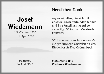 Traueranzeige von Josef Wiedemann von Allgäuer Zeitung,Kempten