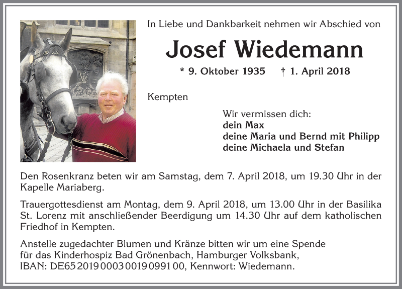  Traueranzeige für Josef Wiedemann vom 06.04.2018 aus Allgäuer Zeitung,Kempten