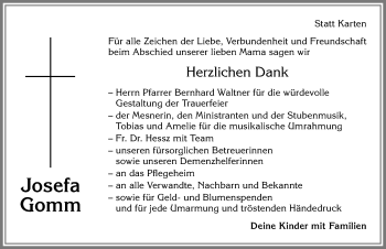 Traueranzeige von Josefa Gomm von Allgäuer Zeitung