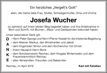 Traueranzeige von Josefa Wucher von Memminger Zeitung