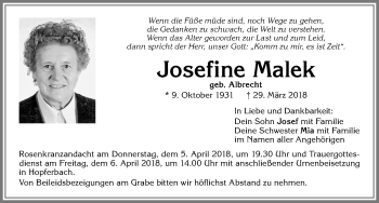 Traueranzeige von Josefine Malek von Allgäuer Zeitung, Marktoberdorf