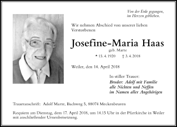 Traueranzeige von Josefine-Maria Haas von Der Westallgäuer