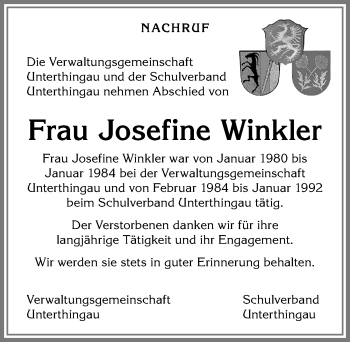 Traueranzeige von Josefine Winkler von Allgäuer Zeitung, Marktoberdorf