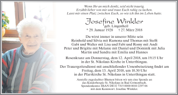 Traueranzeige von Josefine Winkler von Allgäuer Zeitung, Marktoberdorf