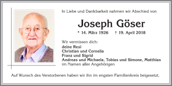 Traueranzeige von Joseph Göser von Allgäuer Zeitung,Kempten