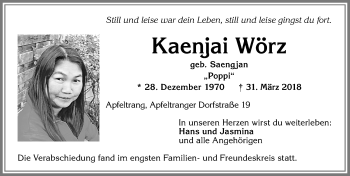 Traueranzeige von Kaenjai Wörz von Allgäuer Zeitung, Kaufbeuren/Buchloe