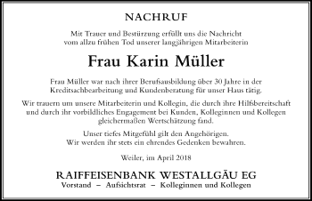 Traueranzeige von Karin Müller von Der Westallgäuer