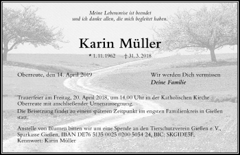 Traueranzeige von Karin Müller von Der Westallgäuer