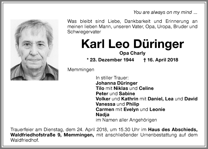  Traueranzeige für Karl Leo Düringer vom 20.04.2018 aus Memminger Zeitung