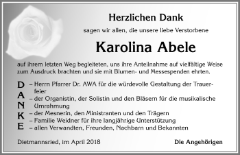 Traueranzeige von Karolina Abele von Allgäuer Zeitung,Kempten