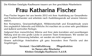 Traueranzeige von Katharina Fischer von Allgäuer Zeitung, Kaufbeuren/Buchloe