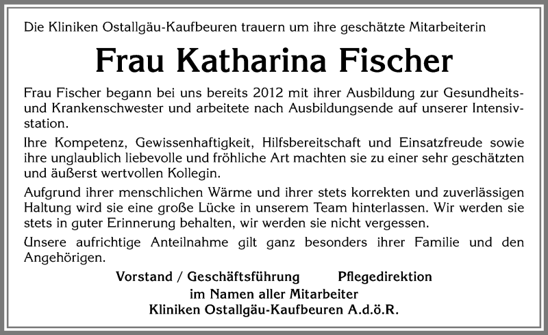  Traueranzeige für Katharina Fischer vom 13.04.2018 aus Allgäuer Zeitung, Kaufbeuren/Buchloe