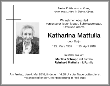 Traueranzeige von Katharina Mattulla von Memminger Zeitung