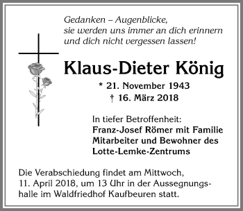 Traueranzeige von Klaus-Dieter König von Allgäuer Zeitung, Kaufbeuren/Buchloe