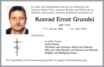 Traueranzeige von Konrad Ernst Grundei von Allgäuer Zeitung, Kaufbeuren/Buchloe