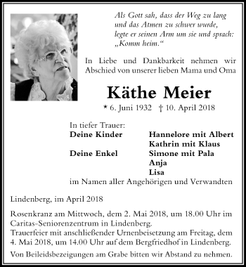 Traueranzeige von Käthe Meier von Der Westallgäuer