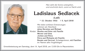 Traueranzeige von Ladislaus Sedlacek von Allgäuer Zeitung, Kaufbeuren/Buchloe