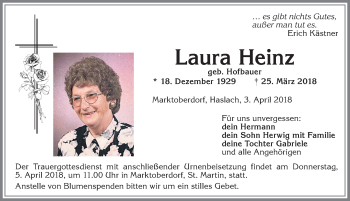Traueranzeige von Laura Heinz von Allgäuer Zeitung, Marktoberdorf