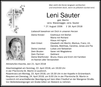Traueranzeige von Leni Sauter von Memminger Zeitung