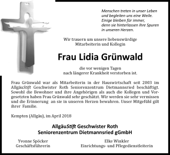 Traueranzeige von Lidia Grünwald von Allgäuer Zeitung,Kempten