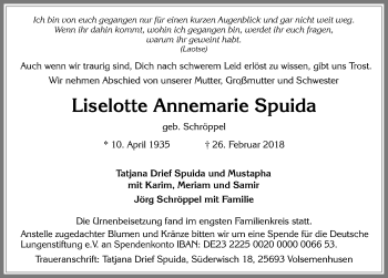 Traueranzeige von Liselotte Annemarie Spuida von Allgäuer Zeitung, Füssen