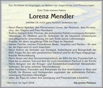Traueranzeige von Lorenz Mendler von Allgäuer Zeitung,Kempten