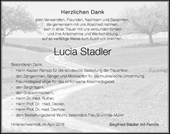 Traueranzeige von Lucia Stadler von Der Westallgäuer