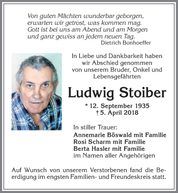 Traueranzeige von Ludwig Stoiber von Allgäuer Zeitung,Kempten