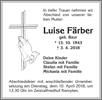 Traueranzeige von Luise Färber von Allgäuer Zeitung,Kempten