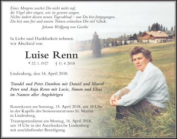 Traueranzeige von Luise Renn von Der Westallgäuer