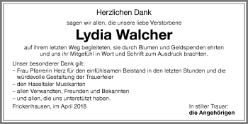 Traueranzeige von Lydia Walcher von Memminger Zeitung