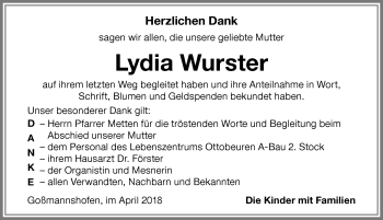 Traueranzeige von Lydia Wurster von Memminger Zeitung