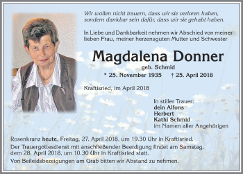 Traueranzeige von Magdalena Donner von Allgäuer Zeitung, Marktoberdorf