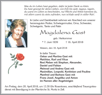 Traueranzeige von Magdalena Gast von Allgäuer Zeitung, Füssen