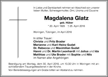 Traueranzeige von Magdalena Glatz von Memminger Zeitung