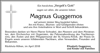 Traueranzeige von Magnus Guggemos von Allgäuer Zeitung, Füssen