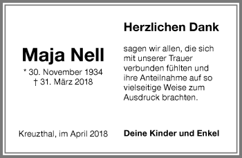Traueranzeige von Maja Nell von Allgäuer Zeitung,Kempten