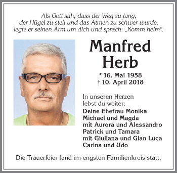 Traueranzeige von Manfred Herb von Allgäuer Zeitung,Kempten