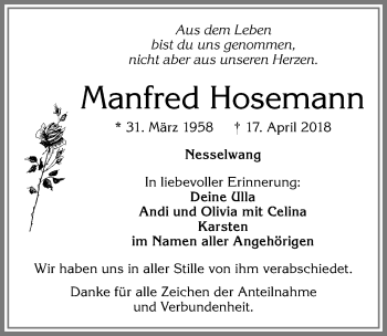 Traueranzeige von Manfred Hosemann von Allgäuer Zeitung, Füssen