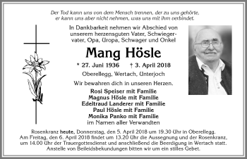 Traueranzeige von Mang Hösle von Allgäuer Anzeigeblatt